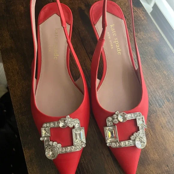 Kate Spade Renata Red Kitten Heels with Crystal Accents - Picture 10 of 12